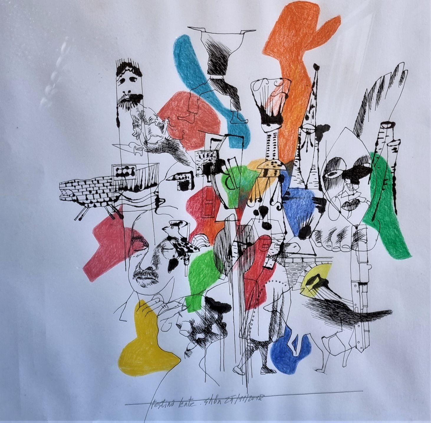 Dessin Roland Shön - encre et crayons de couleurs - 50/50cm - 300€