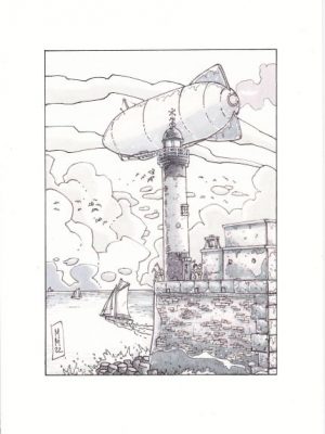 dessin,monotype,michel mohamedi,dirigeable dans le ciel du tréport au dessus du phare,galerie résonances,le tréport
