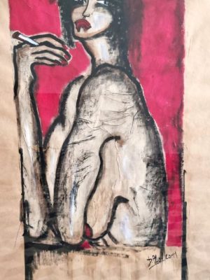 peinture marouflée sur papier kraft, femme à la clope,nu,dominique pao,galerie résonances,le tréport,normandie