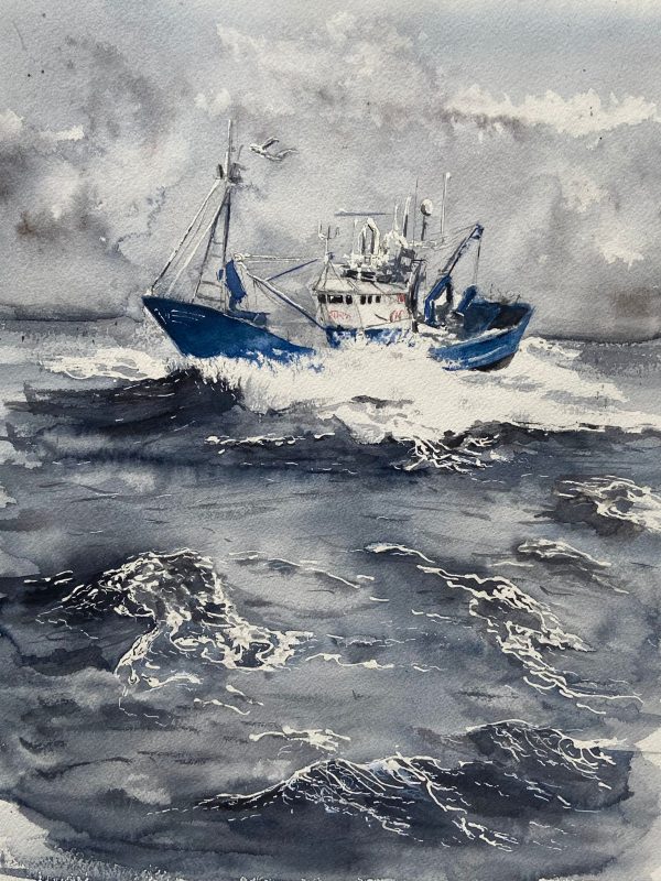 Bateau sur mer, aquarelle, jonathan de cesare,galerie résonances,le tréport