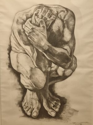 nu,homme accroupi, dessin,fusain,pierre noire sur papier,jean-claude boudier,galerie résonances,le tréport