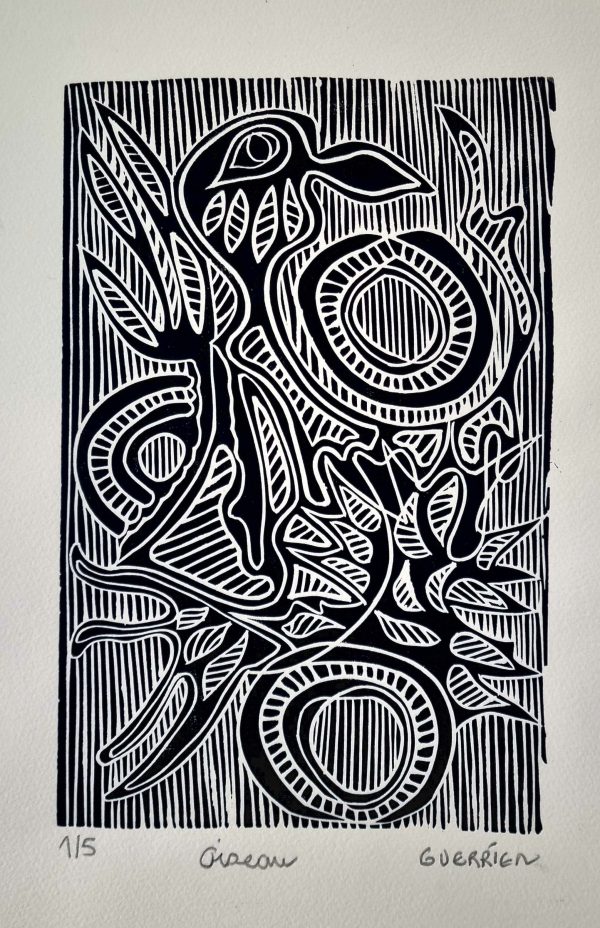 oiseau,linogravure,noir et blanc,jack guerrier,galerie résonances,le tréport