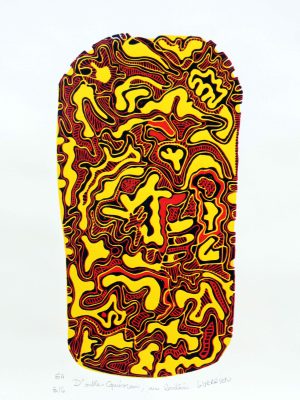 linogravure, 3 couleurs,noir,jaune,rouge sur papaier d'arches 250gr,jack guerrier,galerie résonances,le tréport