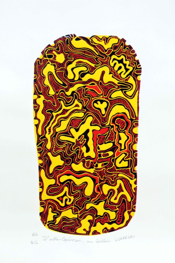 linogravure, 3 couleurs,noir,jaune,rouge sur papaier d'arches 250gr,jack guerrier,galerie résonances,le tréport