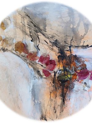 encre,acrylique,pigment et liant acrylique sur carton entoilé rond 30 cm de diamètre, fleur de bougainvillier