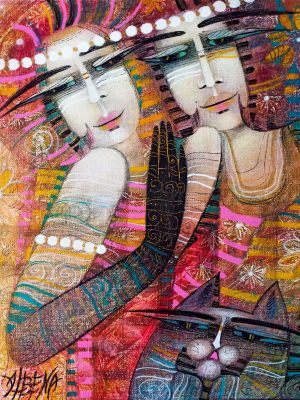 flowers girls,huile et encre sur toile,albena vatcheva,galerie résonances,le tréport